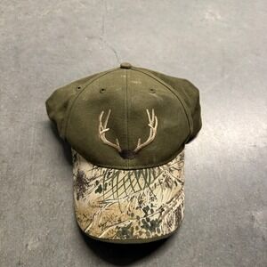 GameGuard RAM Antler Deer Hunting Hat Olive Green Camo Brim Adjustable Cap